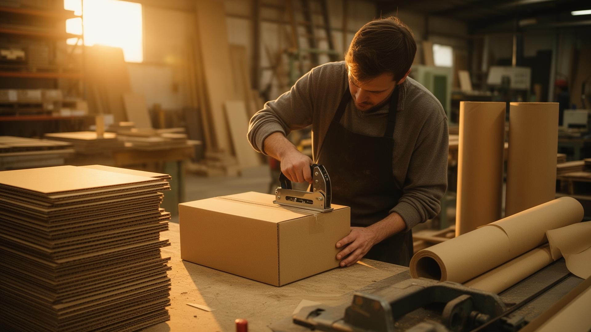 A maker packing a flat-pack box in a warm-lit workshop