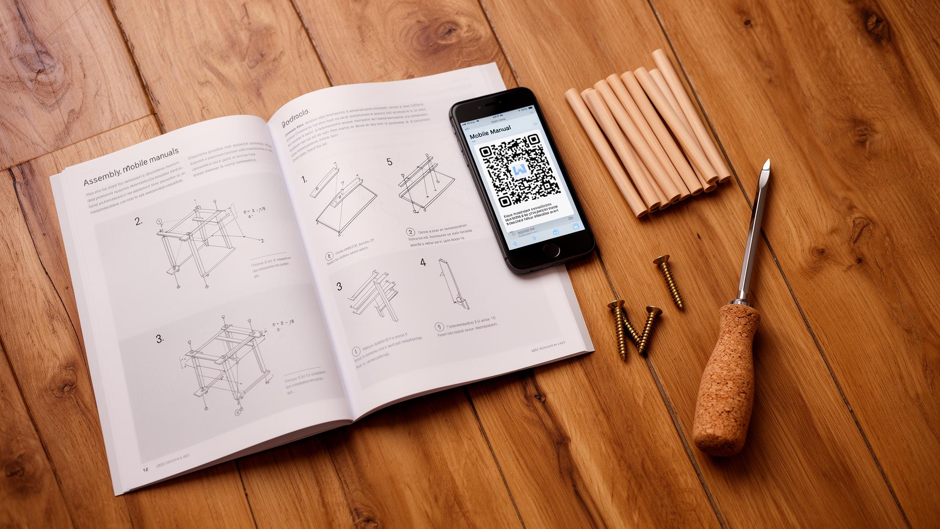 Printed Flatpacked manual open on an oak floor, phone showing QR mobile manual